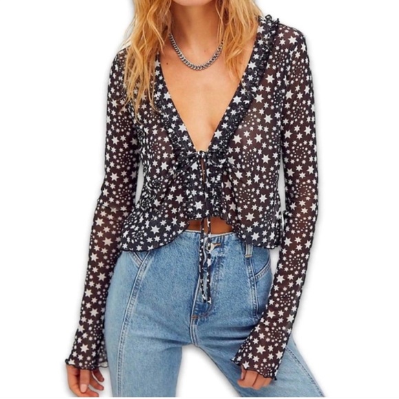 Free People Marne Sheer Black & White Star Tie Front Long Sleeve Crop Blouse - Picture 2 of 12